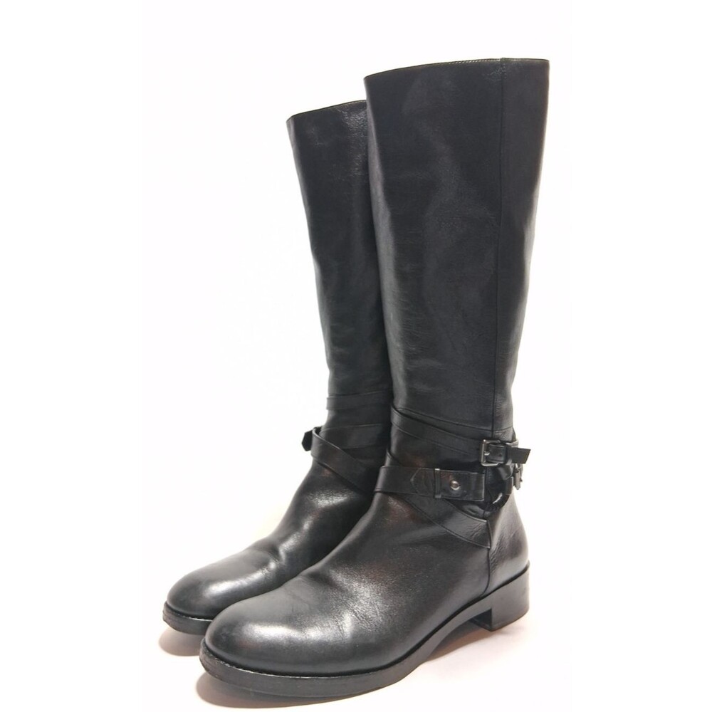 Via Spiga Gabrielle Knee High Black Leather Buckle Riding Zip Boots Size US 10M